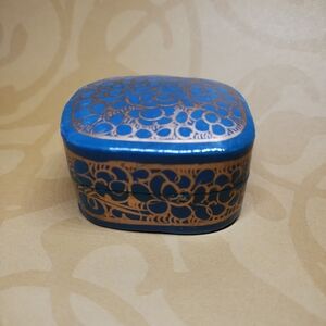 Vintage Teal Turquoise and Gold Decorative Wooden Lacquered Trinket Box